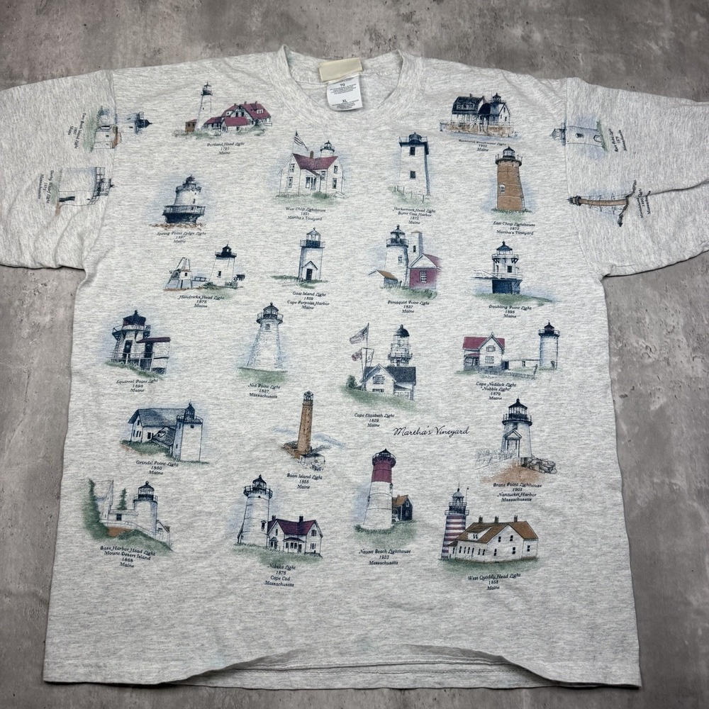 Vintage Artisans Lighthouse Shirt Mens XL All Over Print Maine 90s Tee Gray USA